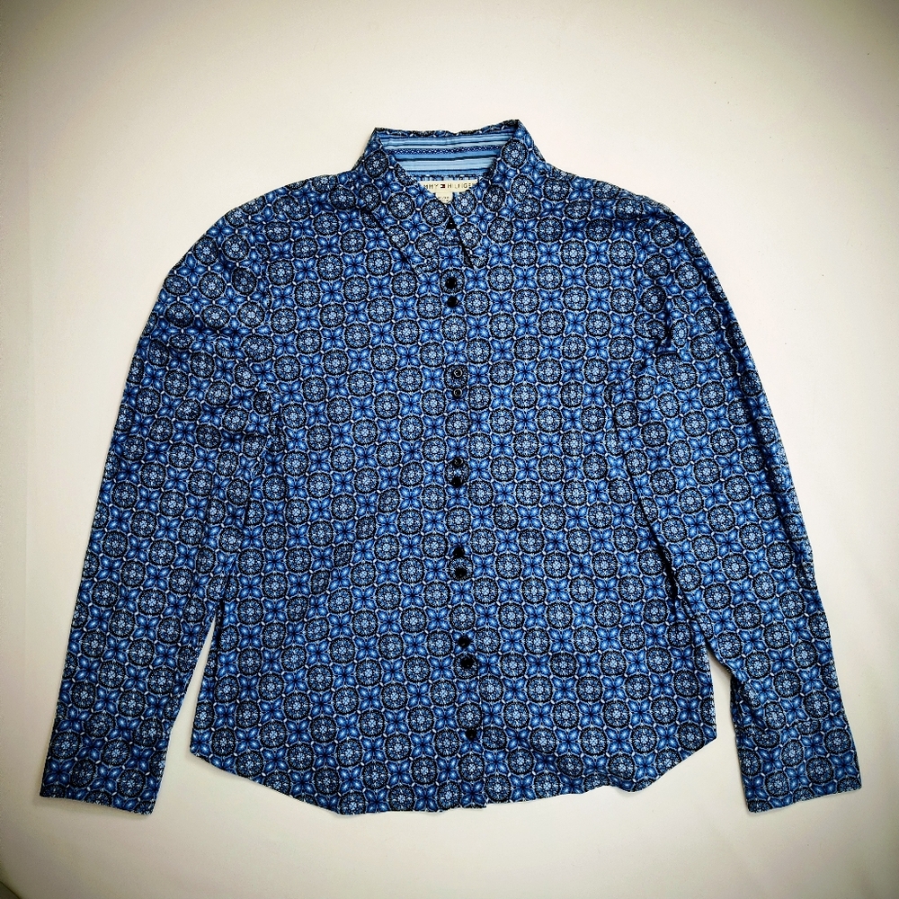 Tommy Hilfiger Blue Geometric Button Up Wm's Long Sleeve Shirt Size XL Large